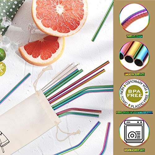 Image of Hiware 12-Pack Rainbow Metal Straws Reusable with Case - Stainless Steel Drinking Straws for 30oz and 20oz Tumblers Dishwasher Safe, 2 Brushes Included