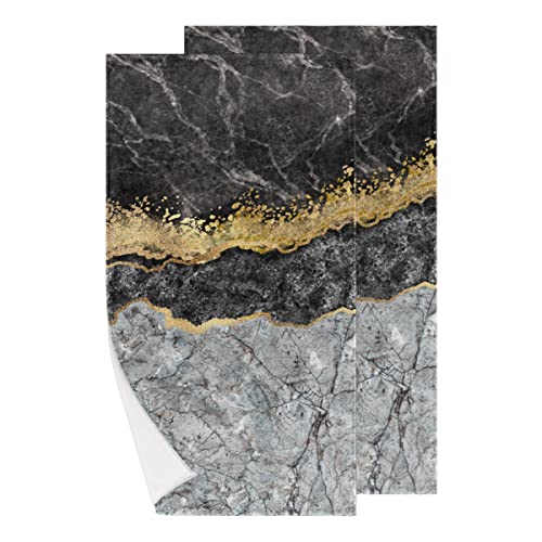 Marble Texture Hand Towels Set of 2, Black Gold Mable Face Towel Highly Absorbent Ultra Soft Fingertip Bath Towel for Bathroom Home Sports Gym Decor
