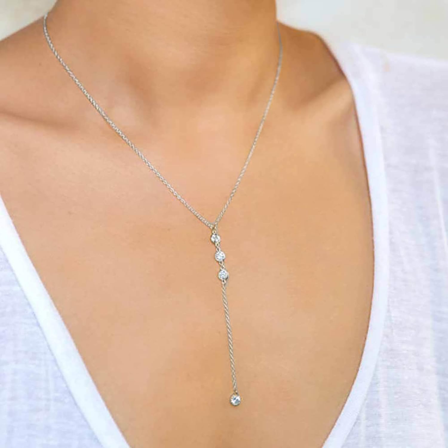 TseenYi Cubic Zirconia Lariat Necklace Cz Drop Lariat Necklace Chain Boho Crystal Long Dangling