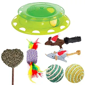 Emily Pets Cat Combo Toy 1 Levels Pet Cat Toy Funny Tower Tracks Toys Training Cat Ball Toys with, Colorful Balls Toy ,Catnip Lollipop, Soft Toys Feather Cat Toy Mouse Toy (Pack of 5,Color May Vary)