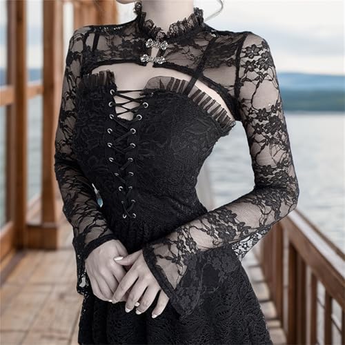 Image of Goth Bolero Shrug Women Lace Sheer Mesh Gothic Flare Sleeve Emo