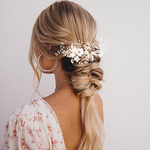 Bridal Hair Comb, Wekin Wedding Hair Comb Wedding Hair Accessories for Brides, Handmade Floral Hair Piece for Wedding(Silver 5.9\")