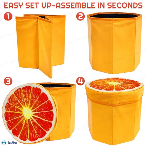 Image of FunBlast Cardboard Multi-Functional Folding Storage Ottoman Box Organizer Cum Stool with Seat Cushion, Storage Boxes for Toys for Kids, Storage Boxes for Clothes and Other Items for Home (Orange)