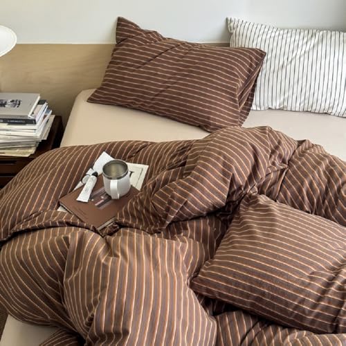 Image of Duvet Cover Set Full Size Brown Striped Bedding Set for Girls Boys,Modern Back to School Dorm Duvet Cover Kids with Zipper Closure and 2 Pillowcases