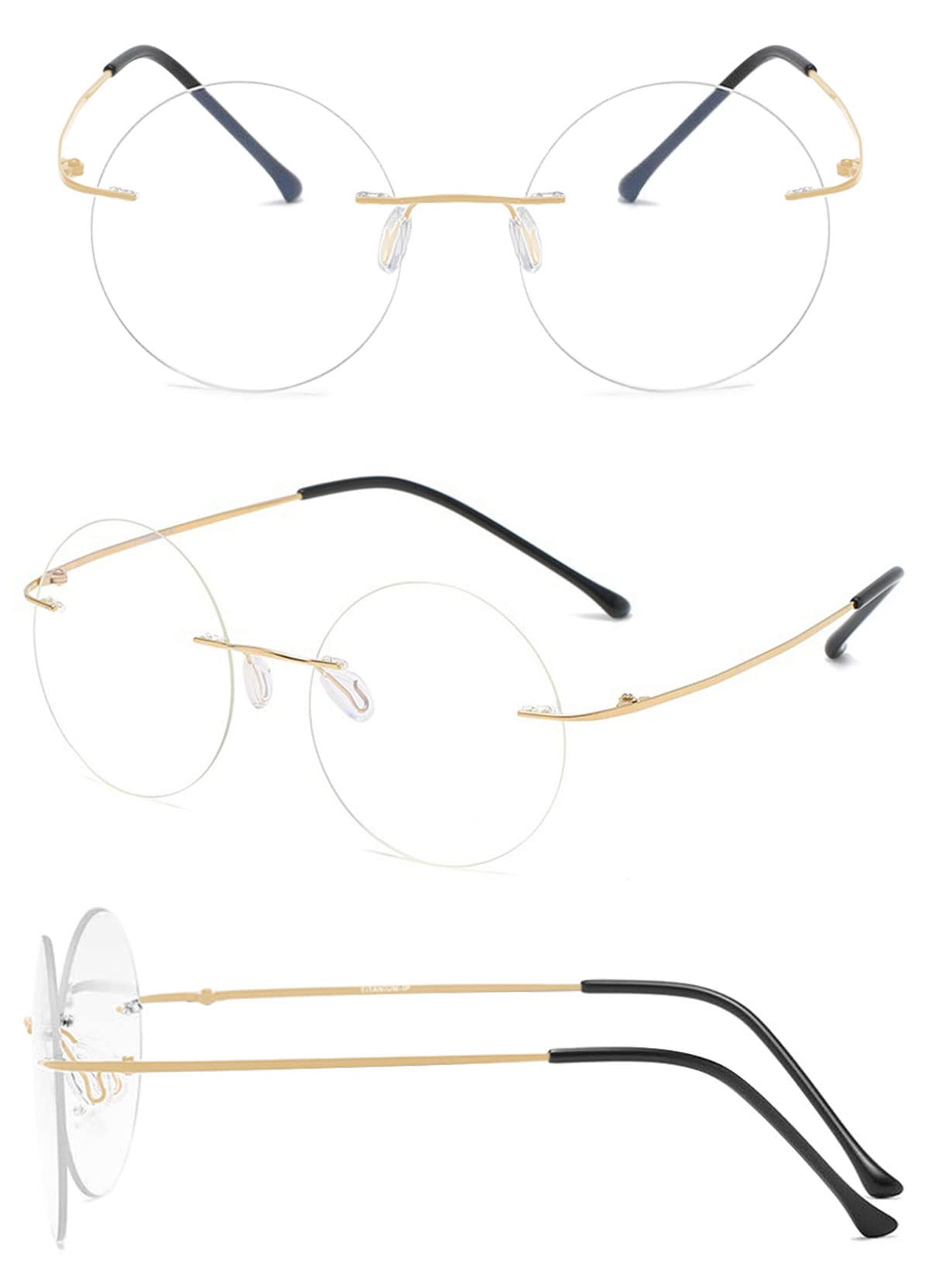 KOOSUFA Round Rimless Titanium Reading Glasses Blue Light Blocking for Men Women Lightweight Fashion Frameless Eyeglasses Readers Eyewear Transparent Golden 1.5 - Image 3
