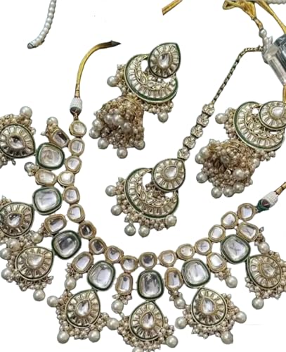 Juego de joyas de boda con collar de perlas Kundan detalles de cristal y esmalte