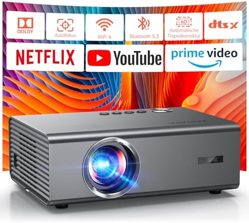 Alt Text für Bild 1: KOGATA 4K Smart Projektor in einem modernen Wohnzimmer-Setup