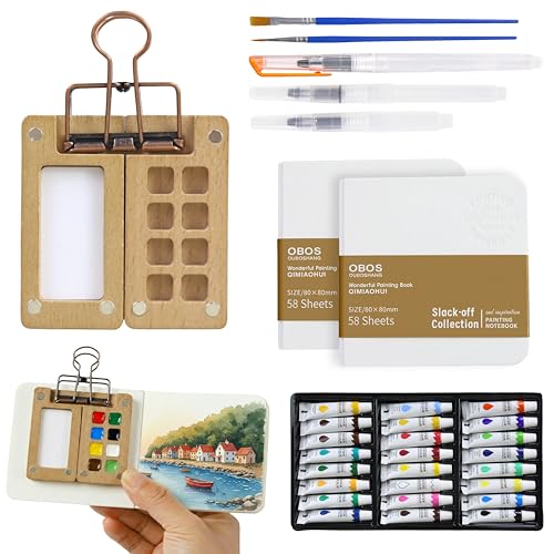 SHOUWKHIN Mini Watercolor Travel Set | Portable Watercolor Kit & Pocket Walnut Wood Mini Paint Set With 24 Colors 5 Brushes 2 Sketchbooks for Adults Artists & Beginners