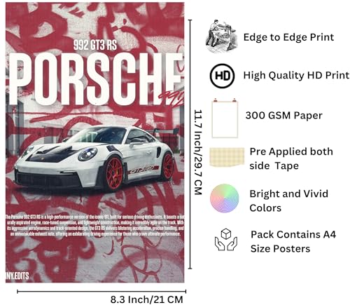 Image of Porsche Poster - Porsche 911 GT3 RS Poster A4 size set of 8 - Car posters for wall - Boys room decorative items - Gifts for car lovers - Bachelor room accessories -