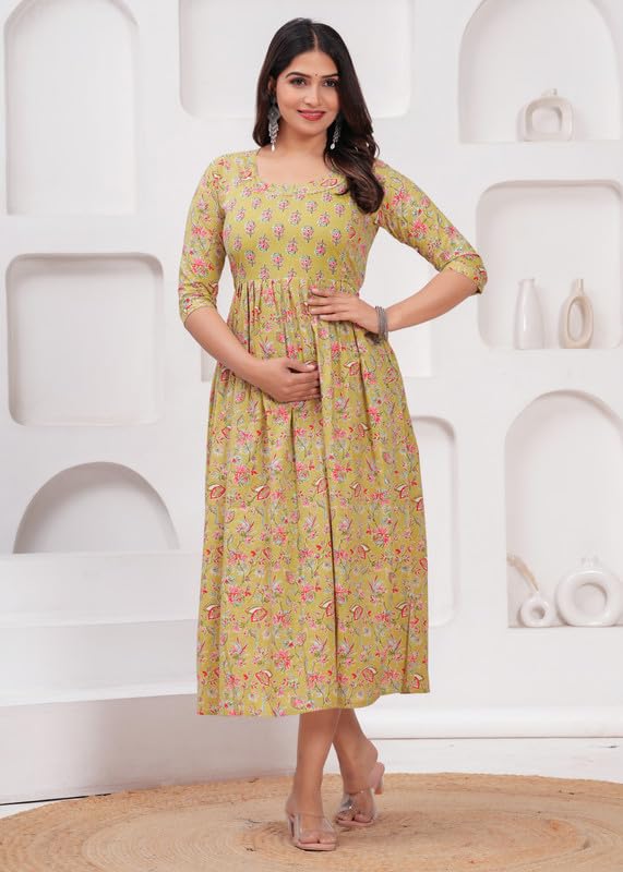 Image of JAIPURFAME Maternity Feeding Kurti with Zipper | Cotton Floral Printed Pregnancy & Nursing Dress | Comfortable & Stylish Maternity Wear for Women | Breastfeeding Kurta with Zipper | Soft & Elegant