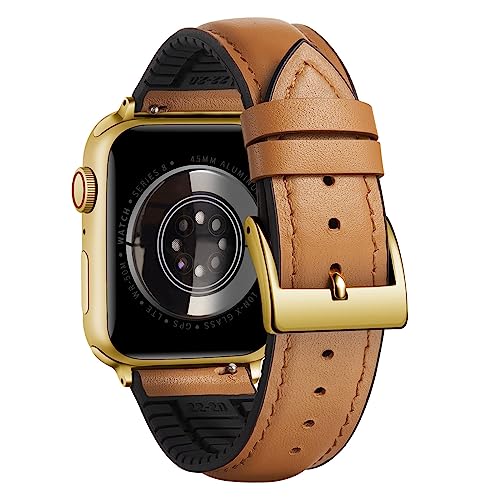 BINLUN Compatible with Apple Watch Bands Leather Soft Silicone Inner Hybrid Sweatproof 38mm 40mm 41mm 42mm Watch Strap for iWatch Ultra SE Series 11/10/9/8/7/6/5/4/3/2/1(Gold Buckle,Light Brown)