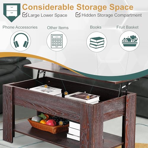 PayLessHere Coffee Table Lift Top Coffee Tables with Hidden Compartment and Storage Shelf Wooden Lift Tabletop Dining Table for Living Room Home (Espresso, 39" D x 28" W x 24" H)