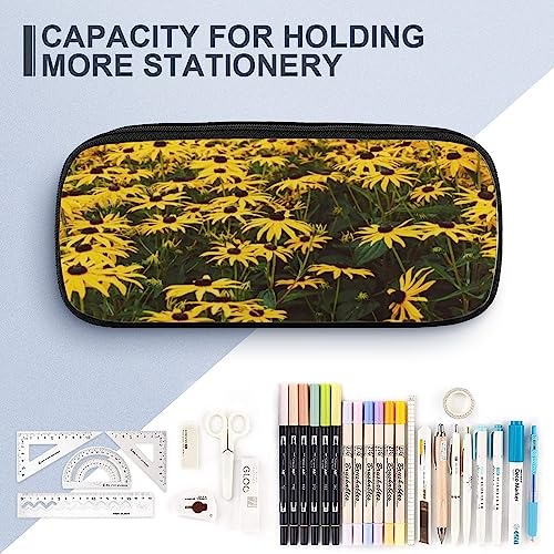 Fionel Field-Of-Daisies Pu Leather Quad Pen Case Zipper Pencil Pouch Holder For Pens Case Office Storage Box Organizer Pen Bag(8×1.5×3.5 In) #TOP3