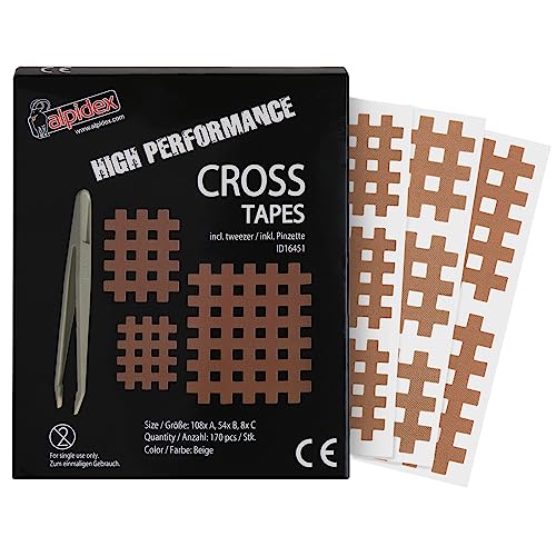 ALPIDEX Cross Tape 170 Pièces - Taille A.B et C Beige Cross Patch Taille Pincette Incluse Pansement à Grille Acupuncture Point Douloureux Crosstape