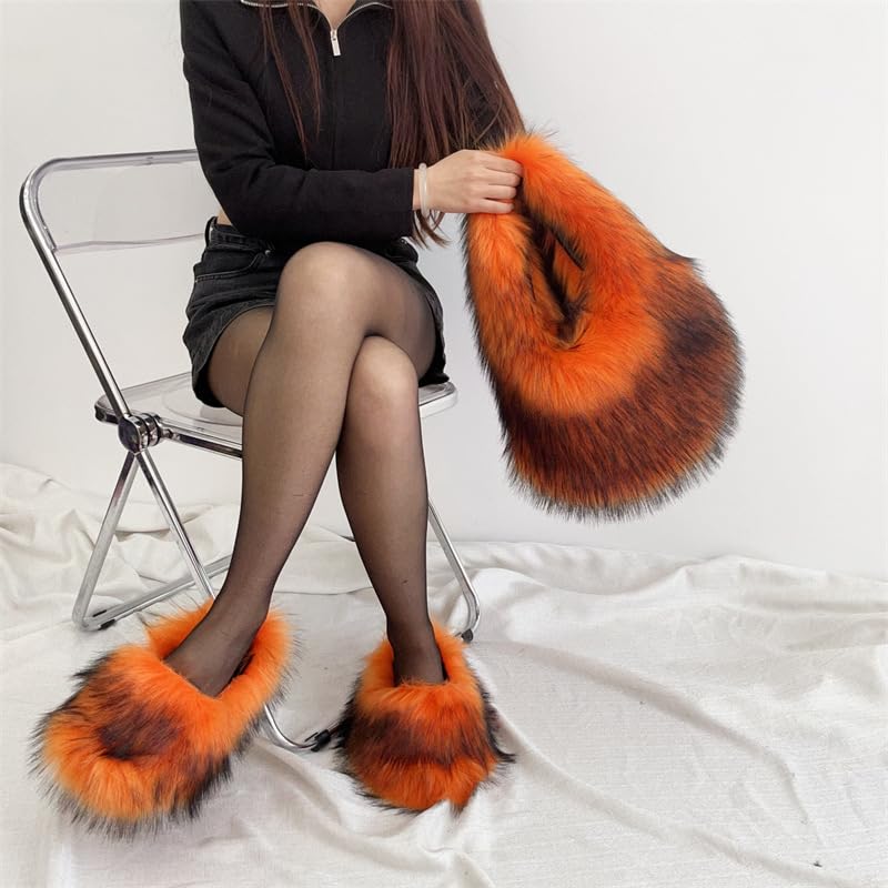 Image of Faux Fur Hobo Shoulder Bag for Women - Large Cute Fluffy Tote Plush Handbag Y2K Furry Purse