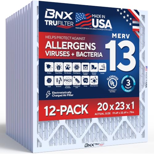 BNX TruFilter 20x23x1 Air Filter MERV 13 Smoke, Allergy Pet Defense 12-Pack
