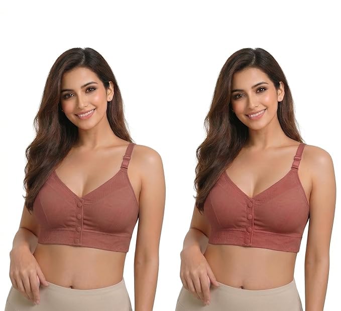 Women's Front Open Button Wire-Free Bra Pack of 2 | Lightly Padded Cotton Blend Bralette with Adjustable Straps | Front Closure Nursing, Post-Surgery Bra-picture-49