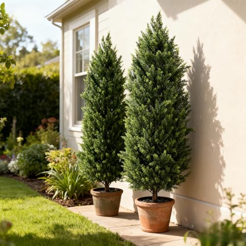 Image of Artificial Cedar Topiary Trees 4FT Set of 2 Potted Outdoor Cypress Tree