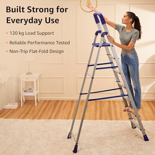 Image of Amazon Basics Clamber Pro - Foldable 7 Step Ladder, Firm Grip, 7 Steps (Aluminium Steps, Blue & Satin)