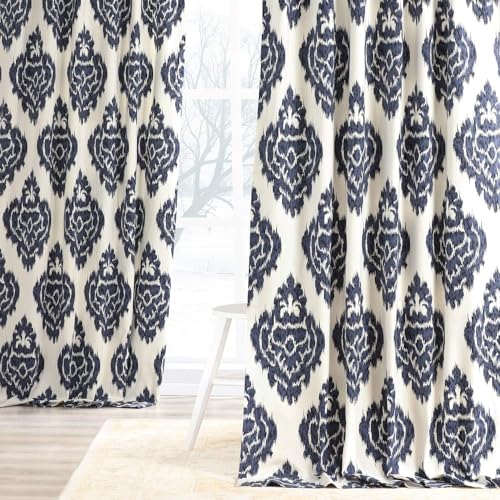 Image of HPD Half Price Drapes Ikat Printed Curtains Luxury Damask Cotton Curtains 96 Inches Long (1 Panel) Room Darkening Window Curtains for Bedroom & Living Room, 50W x 96L, Ikat Blue Damask