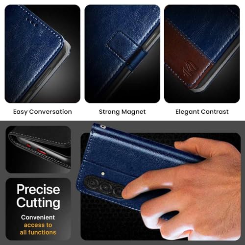 Image of FLIPPED Vegan Leather Flip Case Back Cover for Samsung Galaxy M17 5G | A17 5G | F17 5G (Flexible, Shock Proof | Hand Stitched Leather Finish | Card Pockets Wallet & Stand | Blue with Brown)