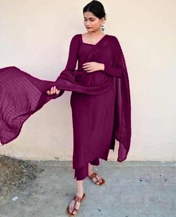 Image of Anveri Textiles Women's Cotton Blend Kurti with Square Neck Long Sleeves Solid Pattern A Line Style Ankle Length and Dupatta Set
