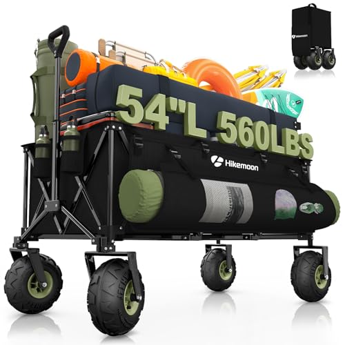 Hikemoon 400L Collapsible Beach Wagon with 10 Big Balloon Wheels for Sand 54 Long Extra Large Wagons Carts Foldable All Terrain Tires & 560LBS Heavy Duty Utility Folding Cart for Outdoors Black