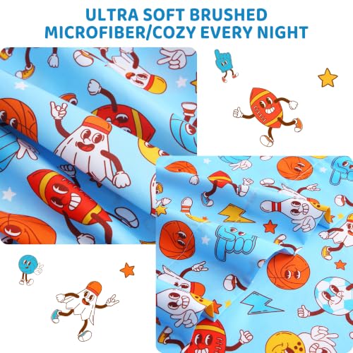 Image of Viviland 3 Pieces Boys Ball Sport Twin Sheet Set - Soft Microfiber Fitted Flat Sheets & Pillowcase Bed Sheet Set - Blue Ball Print Bedding Sets for Kids