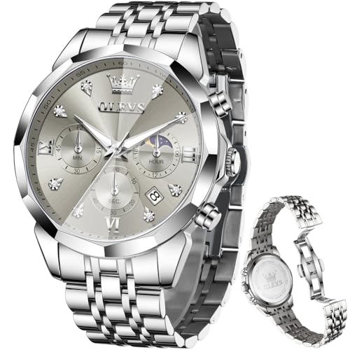 Image of OLEVS Watch for Men Luxury Gold Diamond Chronograph Business Wristwatch with Analog Quartz, Date Calendar, Stainless Steel Band, Luminous Hands, Waterproof