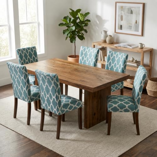 Image of HomePop Parsons Classic Upholstered Accent Dining Chair, Set of 2, Teal and Cream Geometric