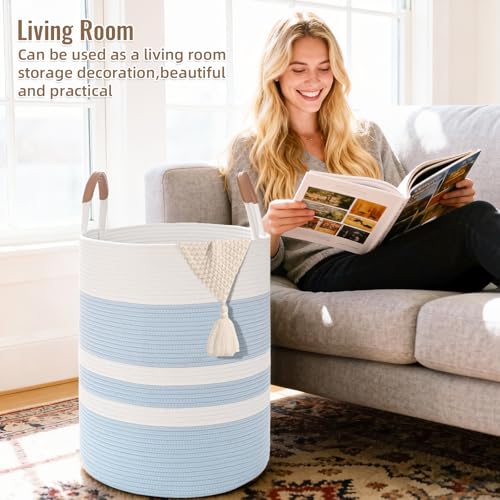Image of Large Laundry Basket, Laundry Hamper with Leather Handles, 90L Woven Dirty Clothes Hamper, Rope Hampers for Bedroom, Barthroom, Blue