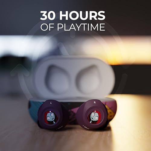 Miniatura 9 de Disney Nightmare Glow in the Dark TWS - Auriculares inalámbricos Bluetooth 5.0 compatibles con micrófono integrado y funda de recarga portátil, IPX8