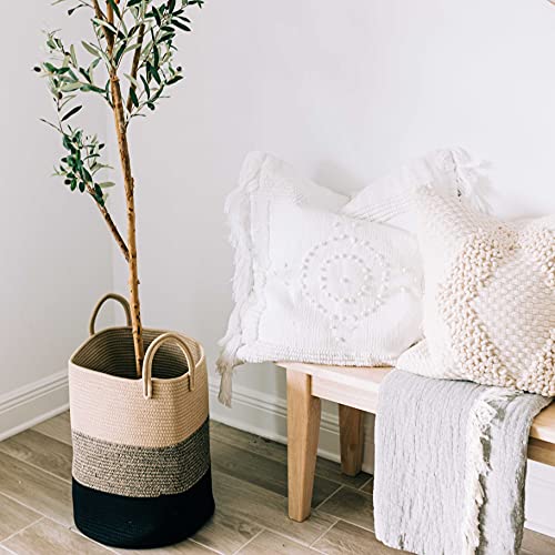 Image of OrganiHaus Tall Cotton Rope Laundry Basket & Hamper, Blanket Storage 52L | 3-Toned Brown - Tall Cotton Rope Hamper, 52L
