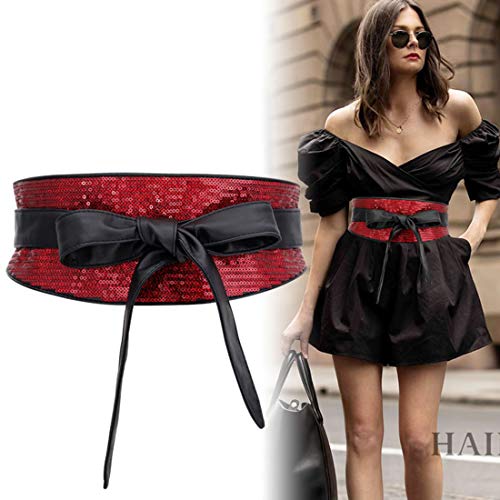 shengweiao Women's Sequin Faux Leather Self Tie Wrap Obi Waist Belt (Red)2