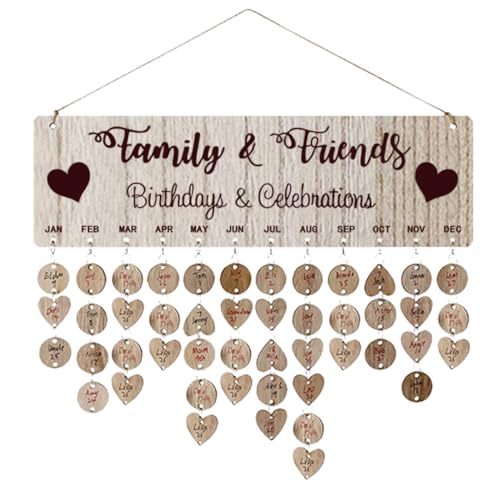 STOBOK Calendrier Anniversaire Bois Famille Bricolage Suspendu Calendrier De Rappel D'anniversaire En Bois Calendrier Perpetuel Anniversaire Avec 50pcs Pendentifs En Forme De Coeur/Rond