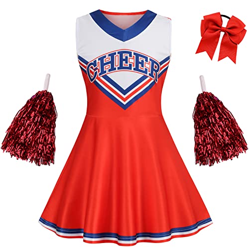 Grajtcin Kids Cheerleader Costume For Girls V Neck Cheer Dress Cheerleading Uniform 8-10 Years Halloween Cosplay (140, Red) #TOP23
