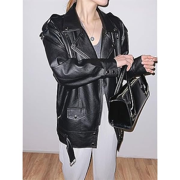 Adhdyuud Vrouwen Casual Moto Biker Pu Jas Herfst Streetwear Revers Rits Faux Lederen Jassen Riem Uitloper