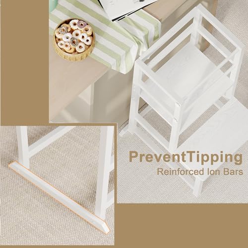 Image of INNOD Kitchen Step Stool for Toddlers, Height Adjustable Toddler Tower with Safety Rail, Steel and Wood Toddler Kitchen Stool Helper Kids, Stool for Kids, Learning Tower, Kids' Desk White