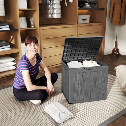 Image of 35 Gallon Outdoor Deck Box,Storage Lockable Waterproof Patio Furniture,Garden Tools,Cushions,Pool Accessories Outside Storage Resin Box(Black)
