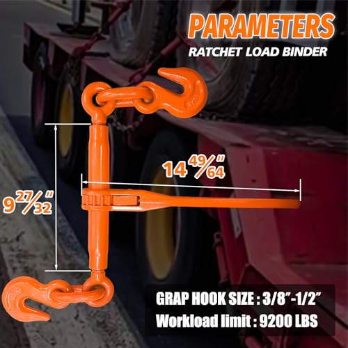Image of Ratchet Chain Binders 3 /8 inch - 1 /2 inch (2 Pack) | Adjustable Load Binder with 2 Grab Hooks for G70 Transport Chain | 9,200 Lbs Safe Working Load - Orange
