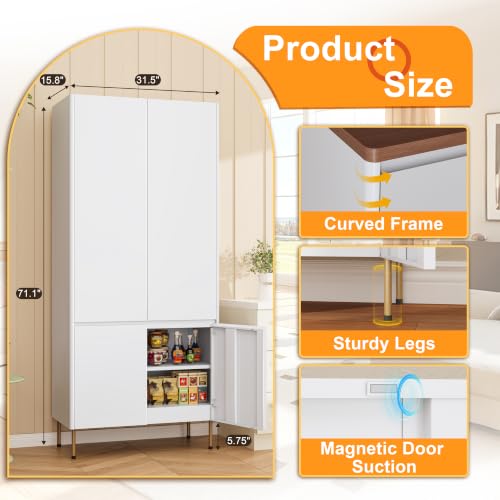 Image of 71 inch Metal Storage Cabinet with Doors, Tall Pantry Cabinet,White