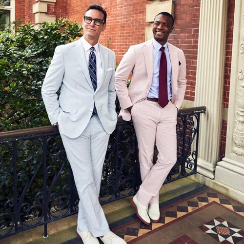 Men's Seersucker Suits 2 Piece Slim Fit Suit for Beach Wedding Summer Casual Lightweight Formal Suit2