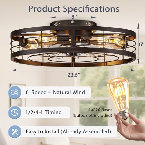 Image of VOLISUN Caged Ceiling Fan with Light and Remote,23.6 inch Fandelier Ceiling Fan with Light Flush Mount, Farmhouse Bladeless Ceiling Fans with Lights for Kitchen,Bedroom