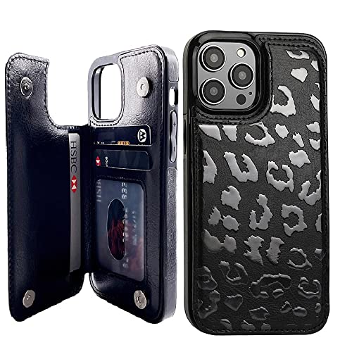 Image of uCOLOR Flip Leather Wallet Case Card Holder for iPhone 12 Pro /12 Women and Girls with Card Holder Kickstand Marble Design Compatible with iPhone 12 /iPhone 12 Pro 5G 6.1 inch(Black Leopard)