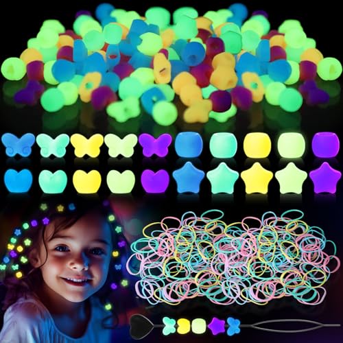 Liliaafar 100pcs Silicone Hair Beads Glow in The Dark for Kids Girls Braids, Colorful Rainbow Soft Pony Beads Bulk Rubber Bands for Kids Girls Women Braids Hair Accessories Ties