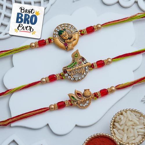 Image of eCraftIndia Little Krishna Dahi Handi Flute Peacock Feather Designer Rakhi Set of 3 | Rakhi for Brother Bhaiya Bhai with Best Bro Ever Fridge Magnet | Roli Chawal Pack