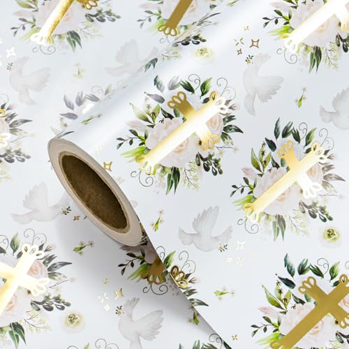 WRAPAHOLIC Cross Wrapping Paper Roll - 17 Inch x 16.5 Feet - Elegant Gold Foil Cross and White Dove Floral Wrapping Paper Perfect for Easter Baptism Confirmation First Communion Spring
