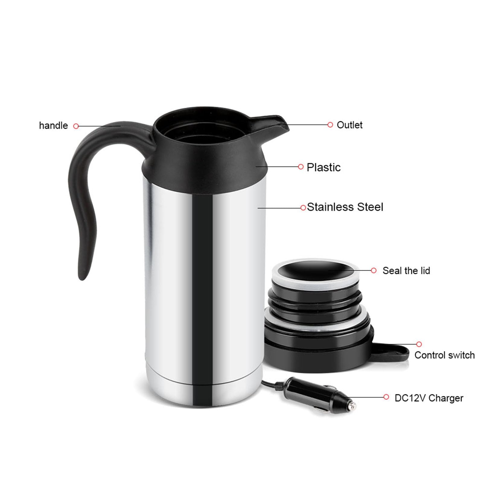 Dioche Hervidor Eléctrico de Acero Inoxidable de 12 Voltios Ho12V 750 Ml, Taza Calefactora para Automóvil, Portátil, Adecuada para Agua Caliente, té y Bebidas