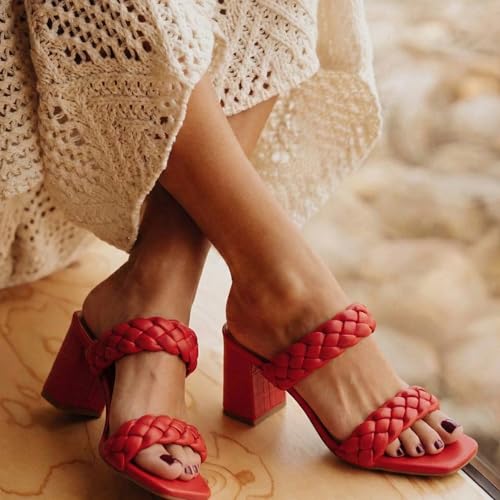 Image of Dunes Iris Chunky Braided Heel Sandals for Women, Block Heel Square Toe Summer Sandals with Memory Foam