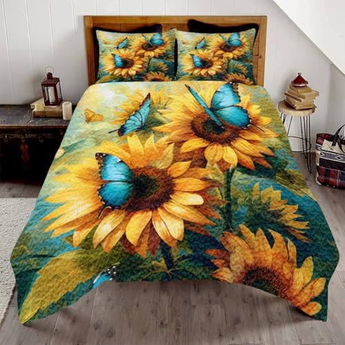 SATIGI Butterfly Patchwork Quilt Set, Natural Sunflower Quilt, Butterfly Pattern Bedding Set, Queen King Bedspread for Bedroom Girl Women All Season (Sunflower Butterflies)